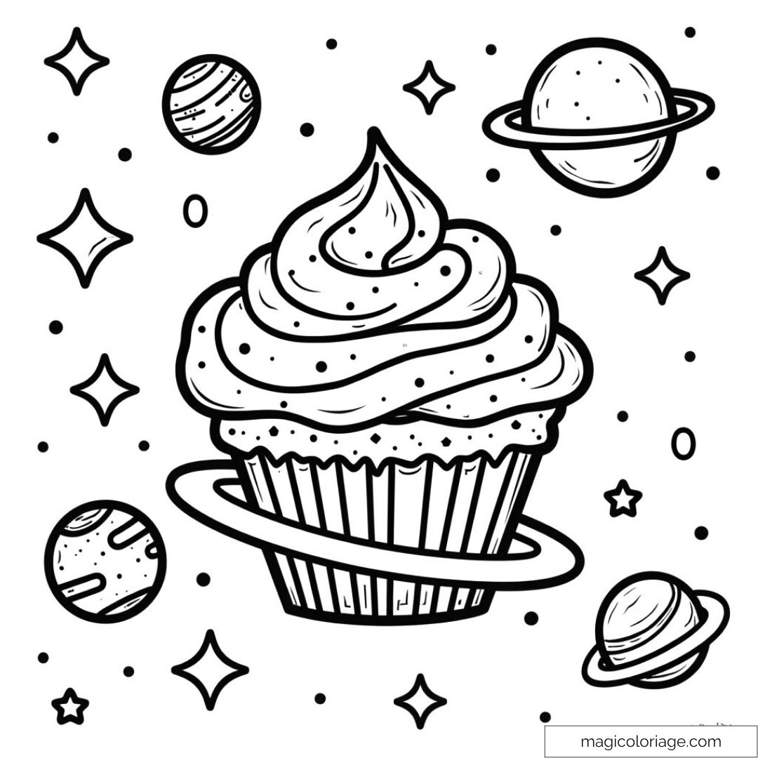 Cupcake entouré de planètes et étoiles à colorier