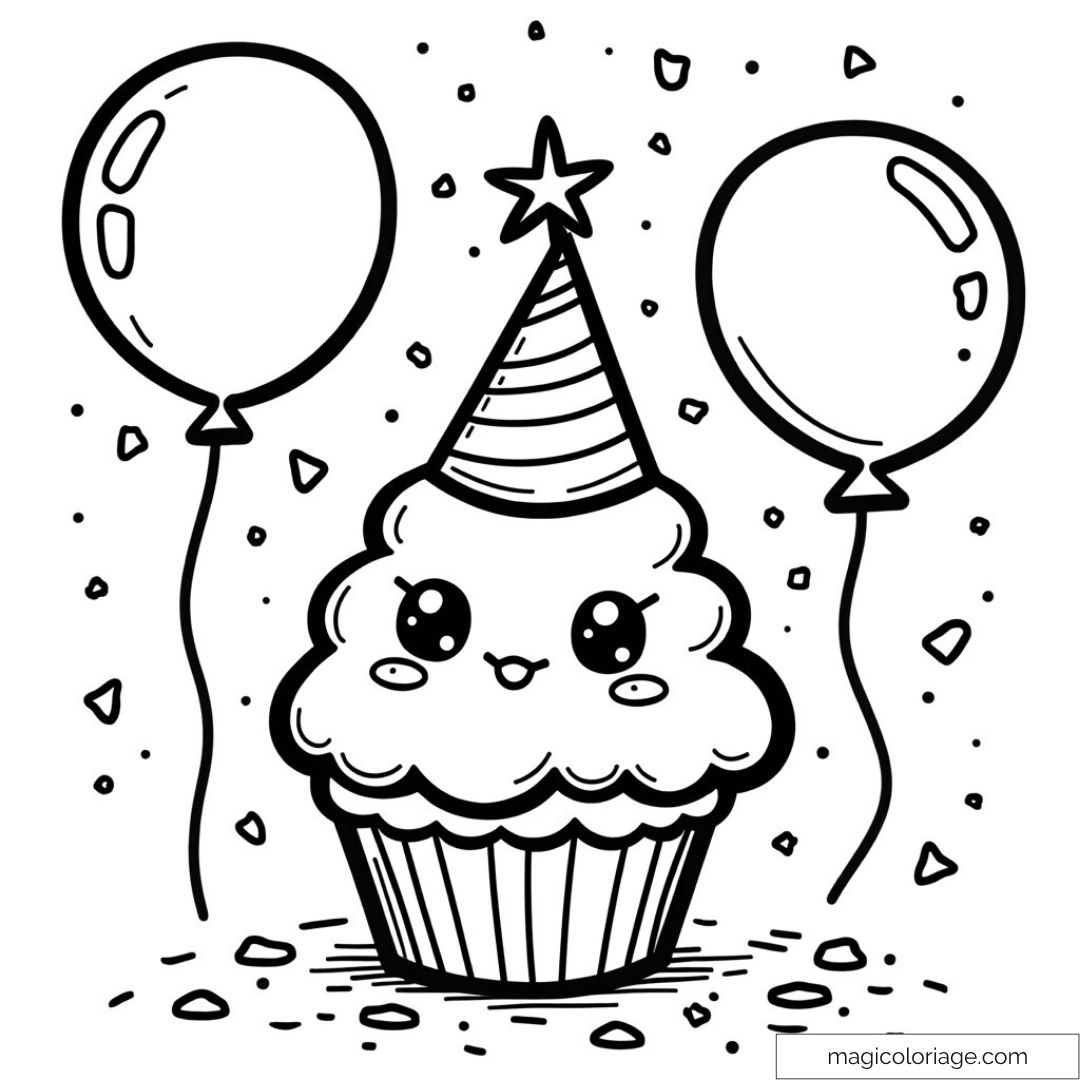 Cupcake mignon avec chapeau de fête entre deux ballons.