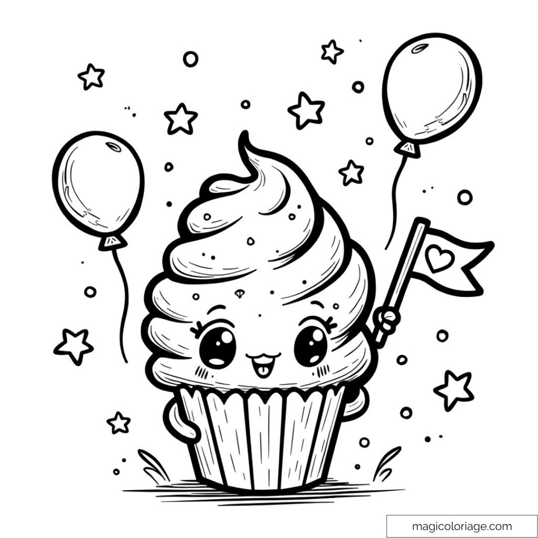 Dessin à colorier d’un cupcake joyeux avec ballons et étoiles