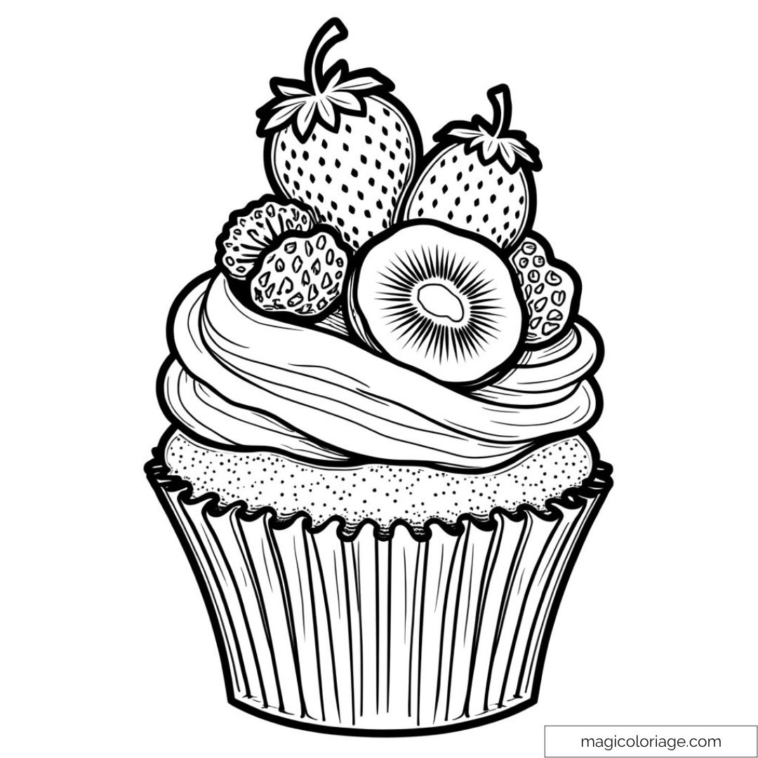 Dessin de cupcake avec fraises et kiwi