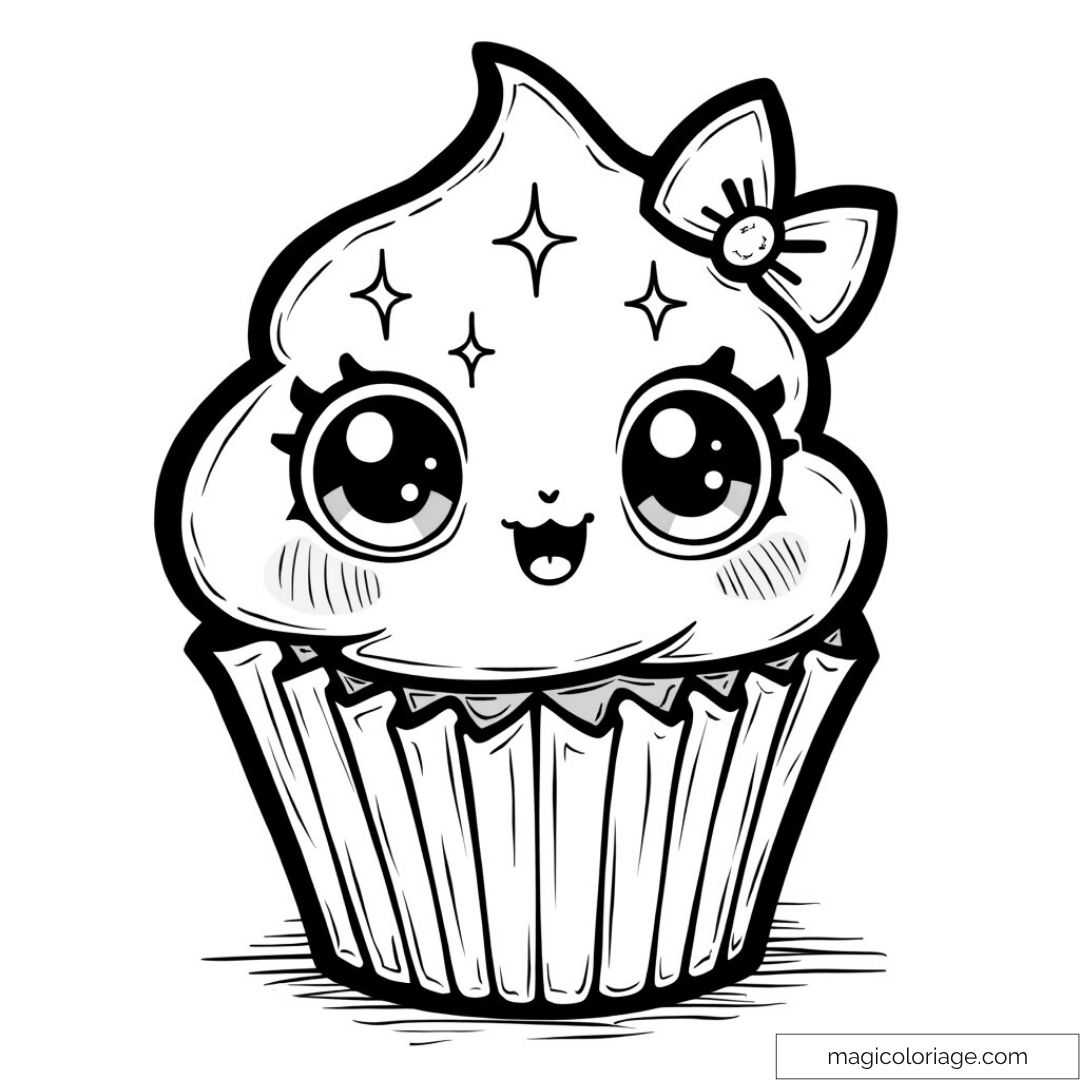 Image d'un cupcake kawaii joyeux avec ruban et gros yeux brillants.