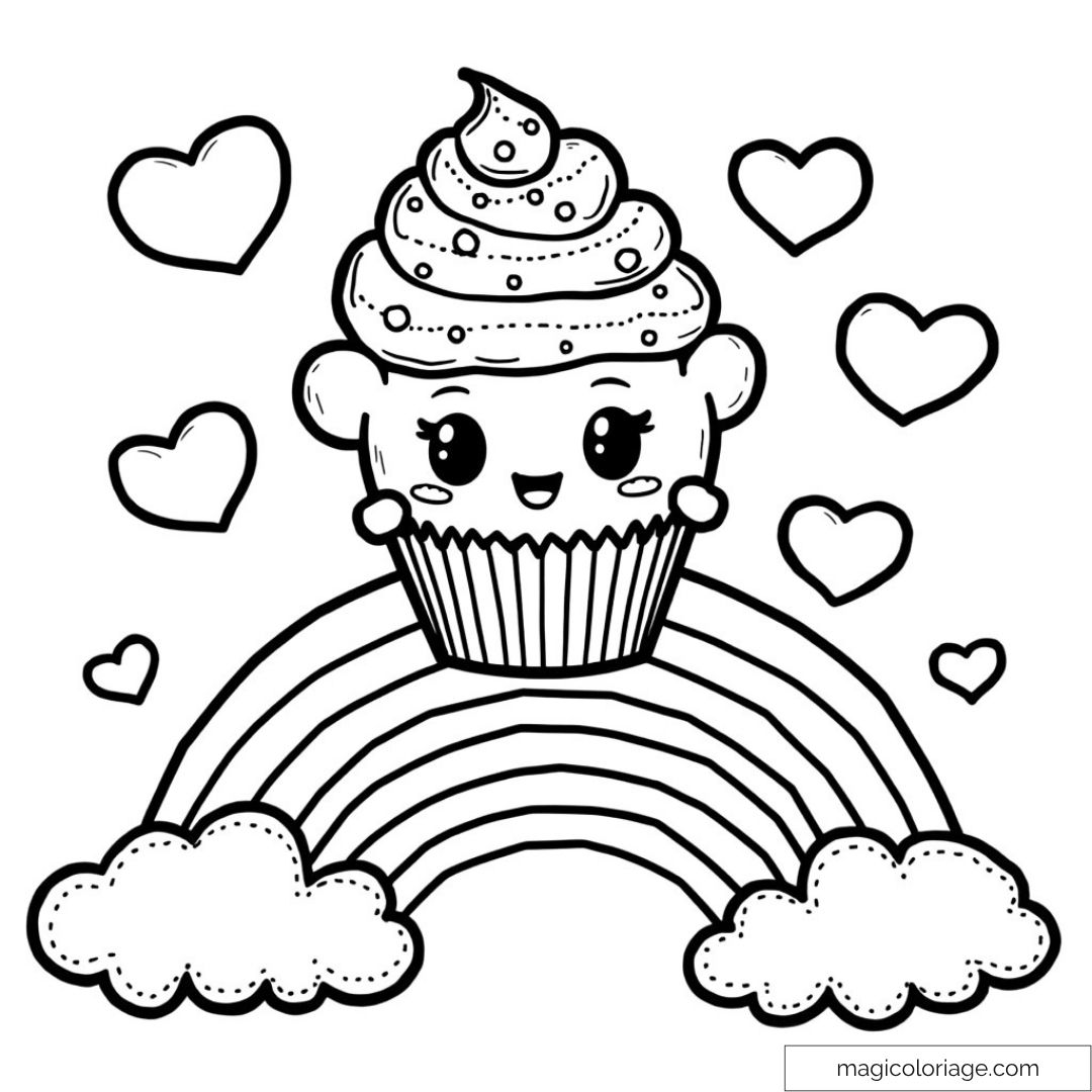 Cupcake kawaii avec arc-en-ciel et cœurs à colorier