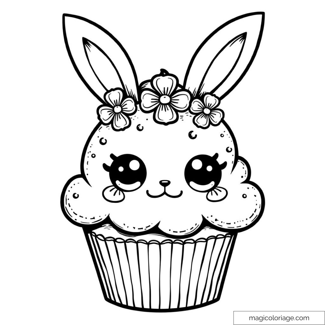Cupcake avec visage de lapin et couronne de fleurs à colorier.