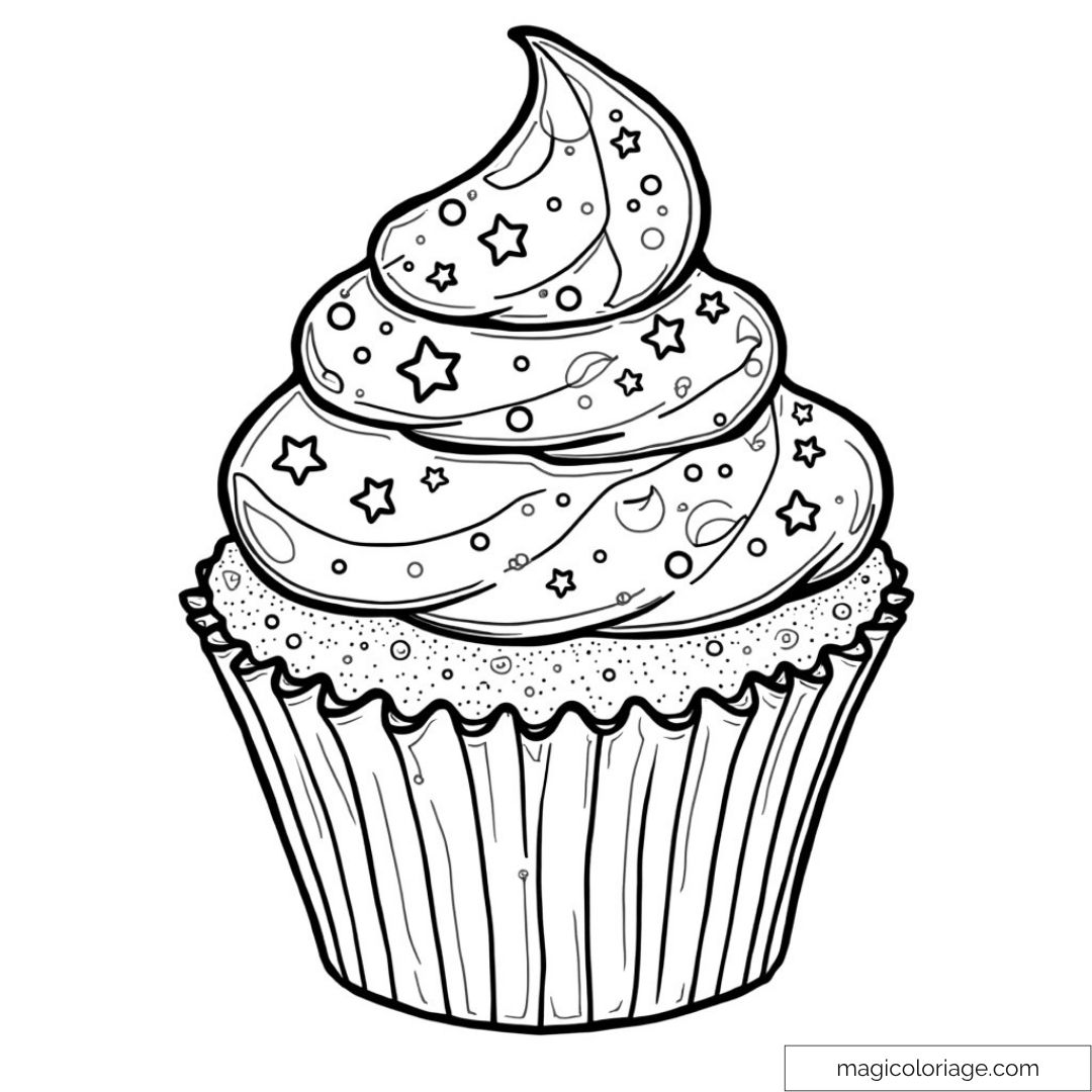 Dessin cupcake avec glaçage étoilé et lune à colorier