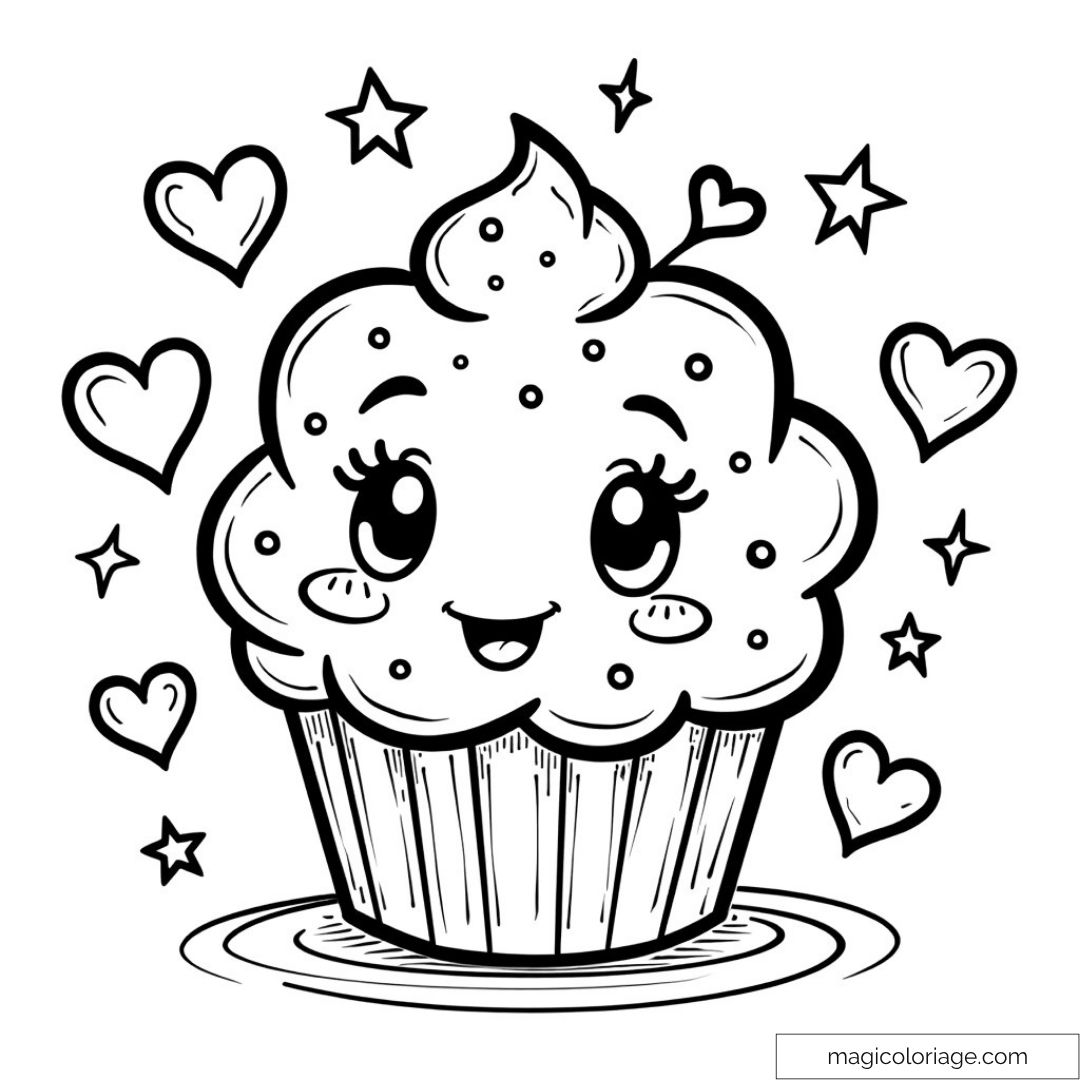 Cupcake mignon entouré de cœurs et d'étoiles à colorier