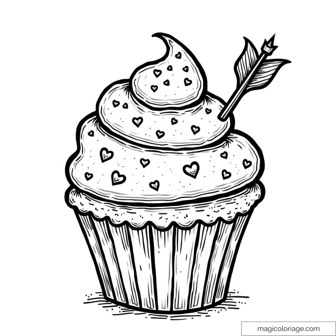 Coloriage d'un cupcake décoré de cœurs et flèche de Cupidon