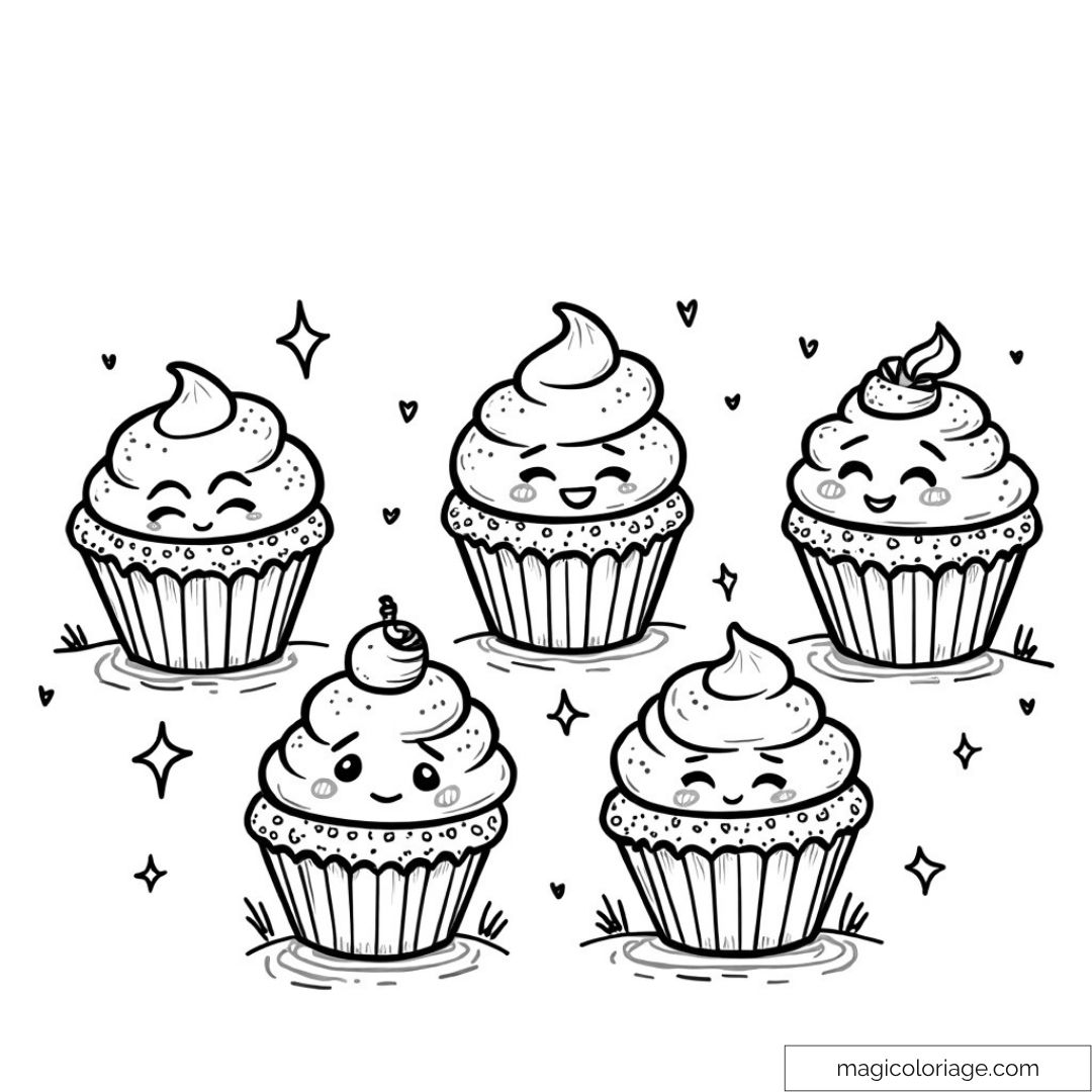 Coloriage de cupcakes aux expressions joyeuses