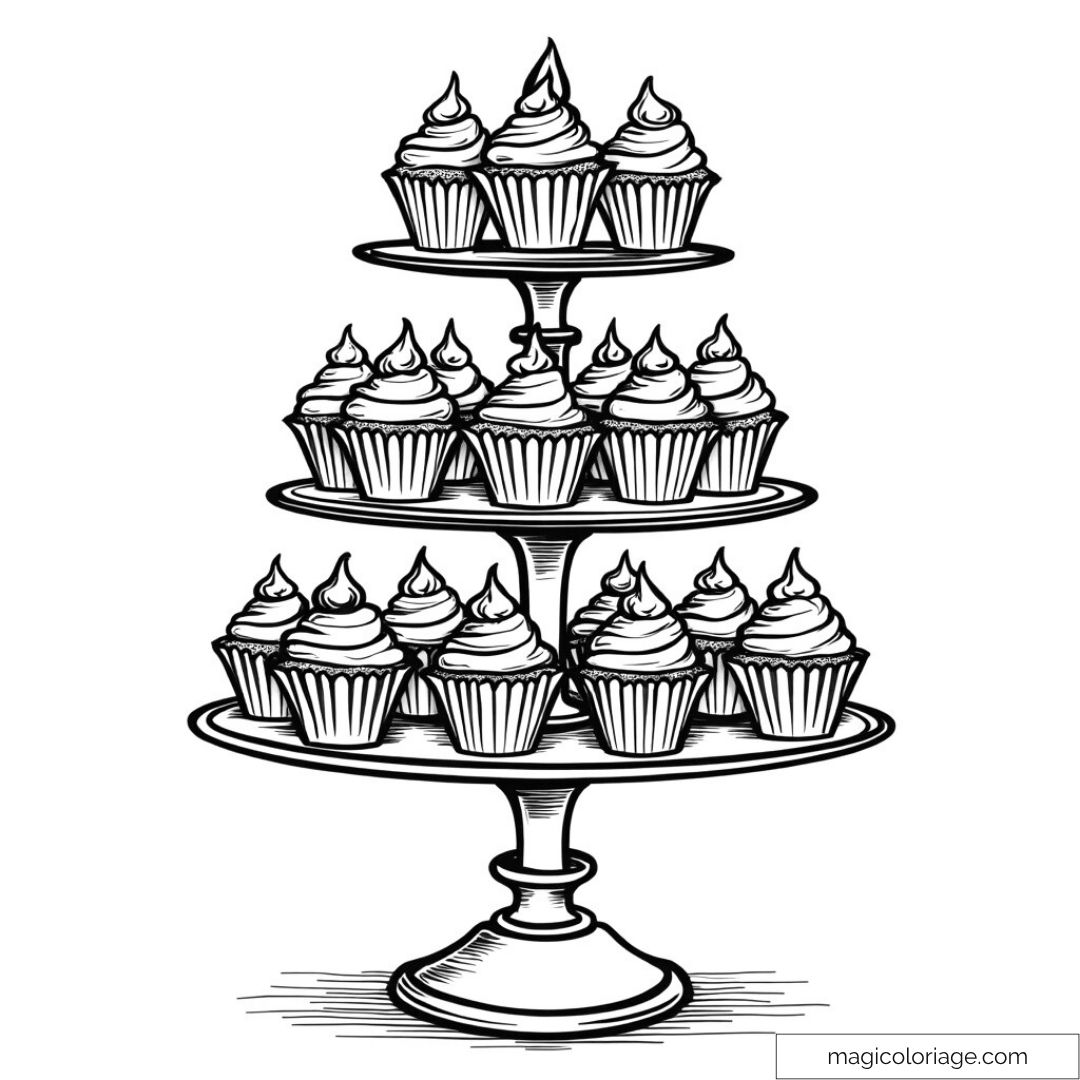 Dessin noir et blanc de cupcakes empilés sur une étagère à trois niveaux.