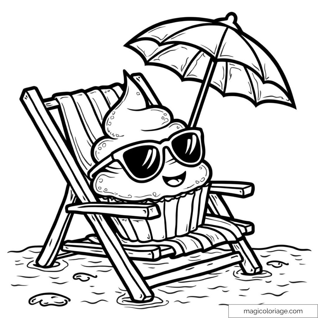 Dessin de cupcake sur chaise longue à la plage avec parasol et lunettes de soleil