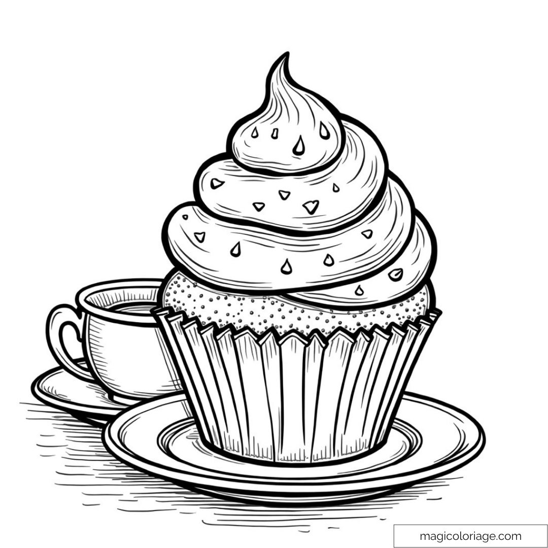 Cupcake gourmand avec glaçage et tasse de thé à colorier.