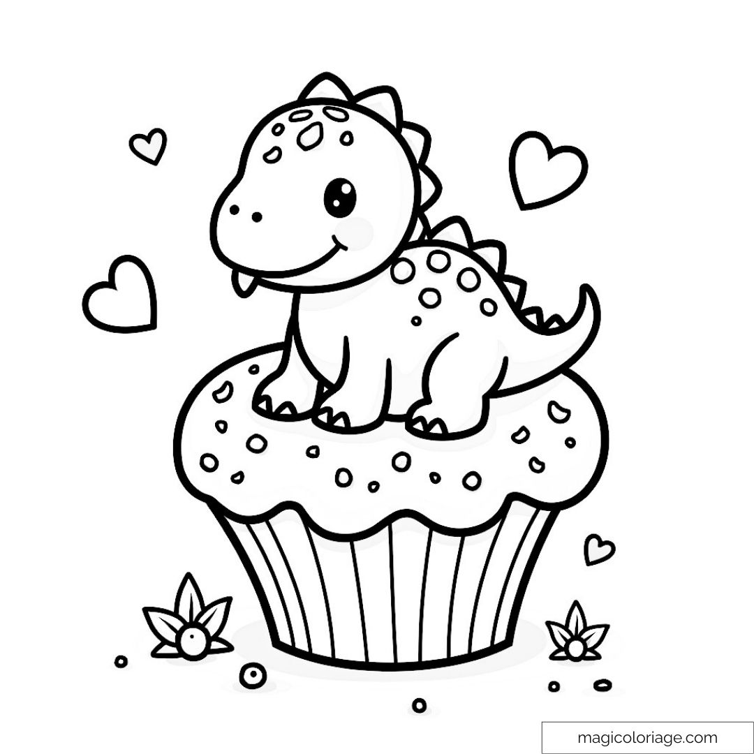 Dessin d'un dinosaure mignon sur un gros cupcake avec des cœurs.