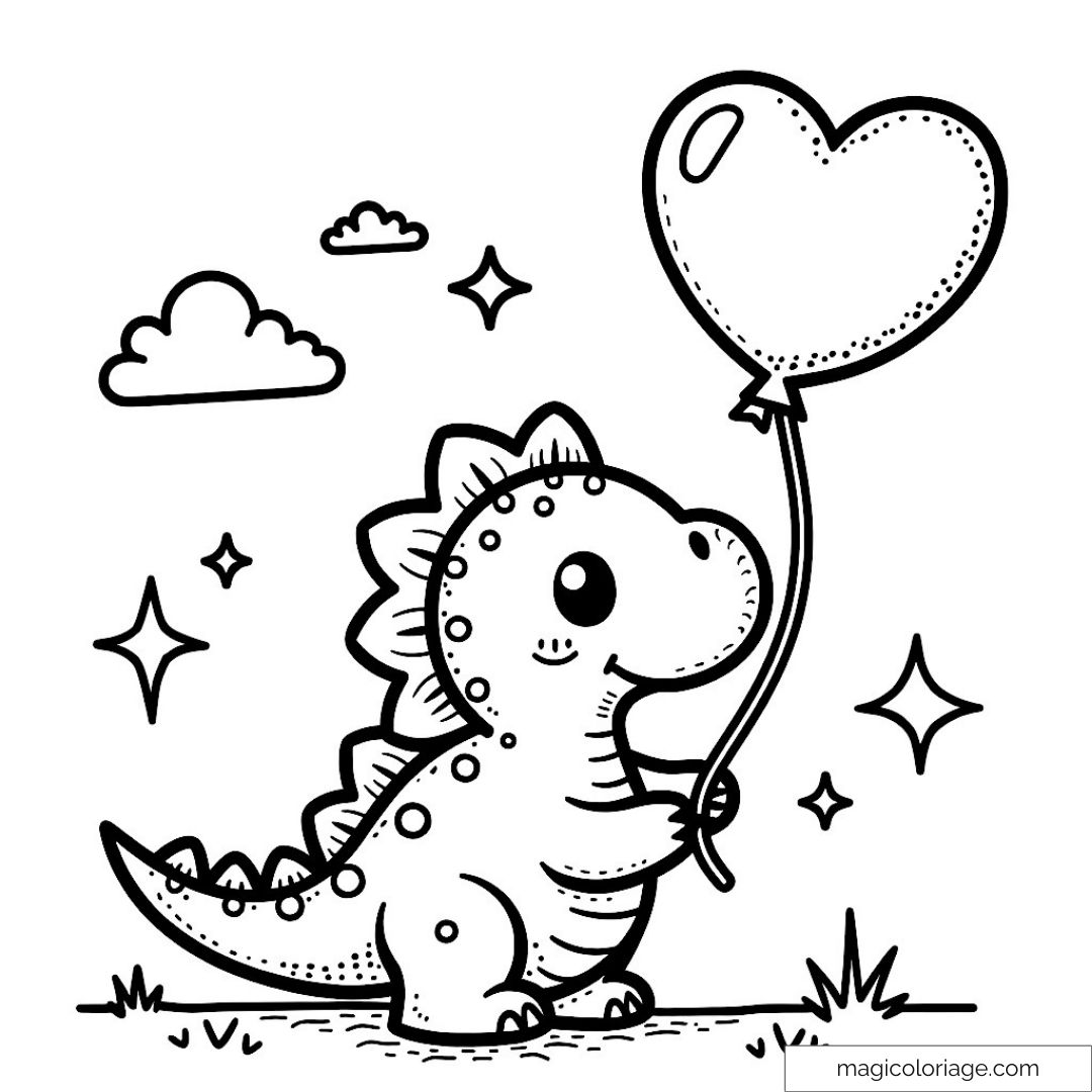 Dessin de dinosaure mignon tenant un ballon en forme de cœur