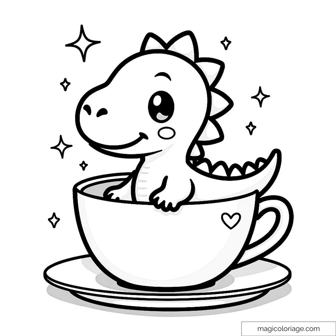 Dinosaure mignon dans une tasse à colorier avec étoiles