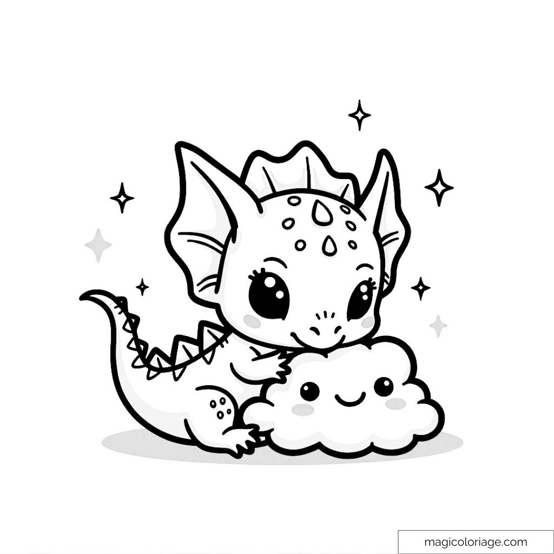 Dessin d'un petit dragon mignon avec un nuage et des étoiles
