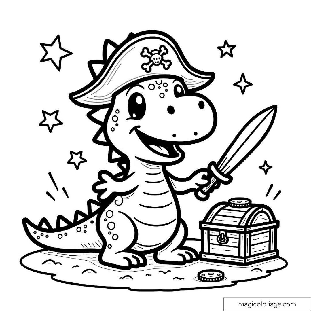 Dinosaure pirate avec chapeau et épée près d'un coffre au trésor.