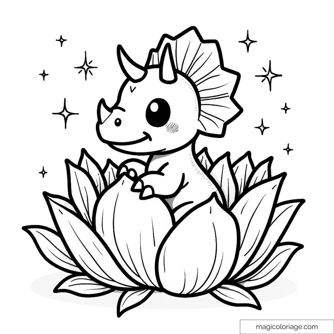 Bébé dinosaure mignon sur fleur avec étoiles scintillantes.