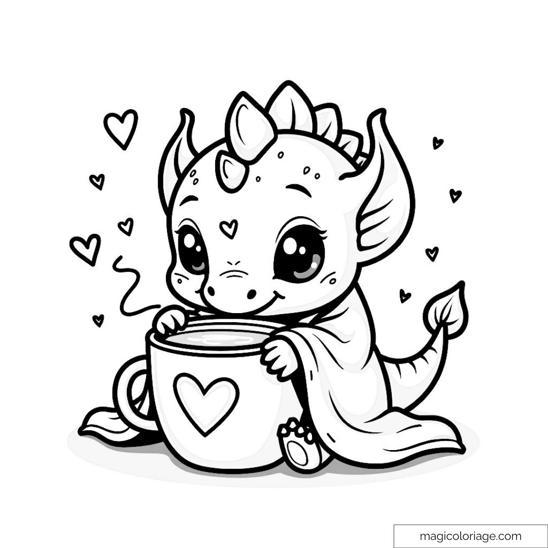Bébé dragon mignon tenant une tasse ornée d'un cœur