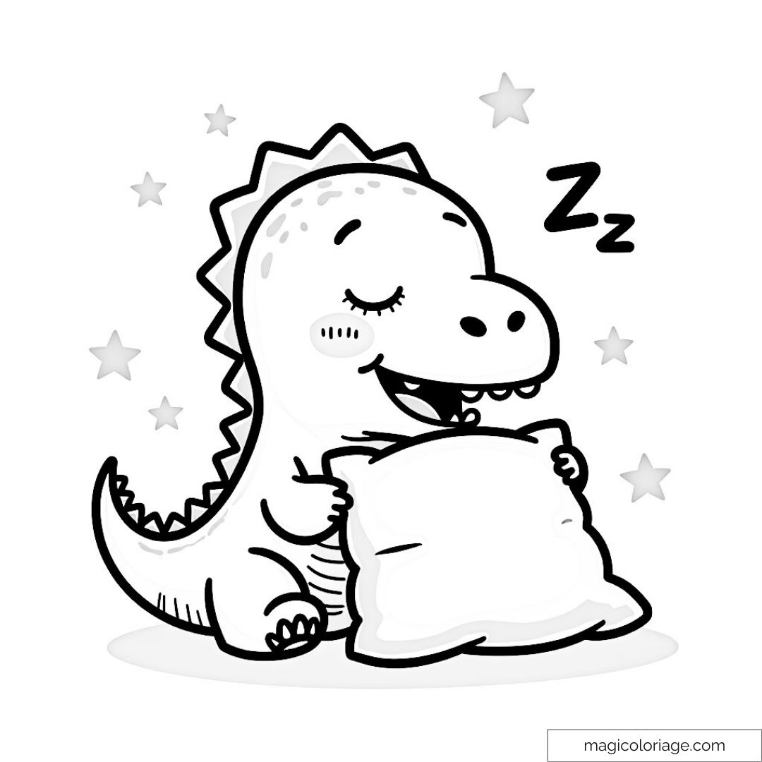 Dinosaure endormi câlinant un oreiller
