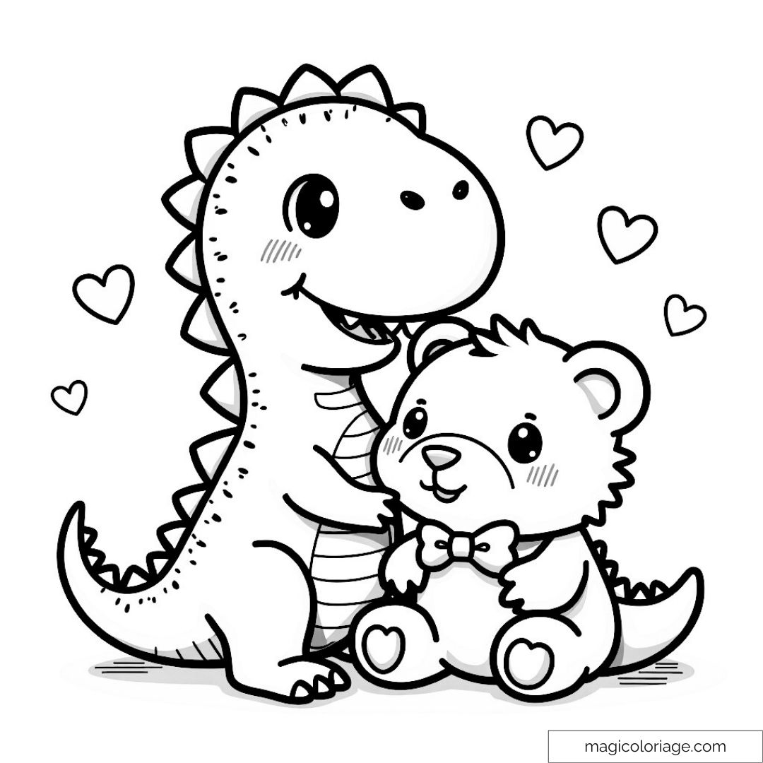 Dinosaure câlin et ourson avec cœurs à colorier