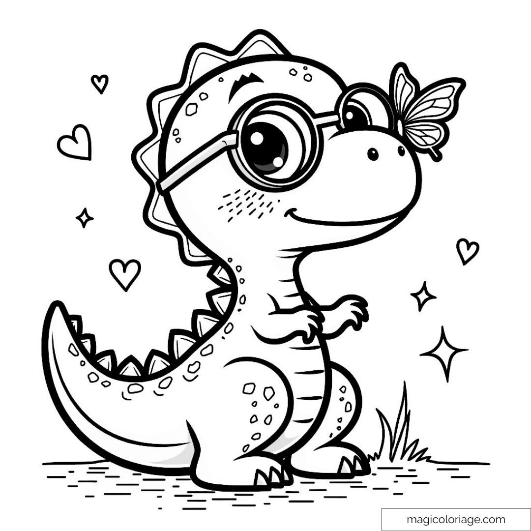 Dinosaure avec lunettes et papillon