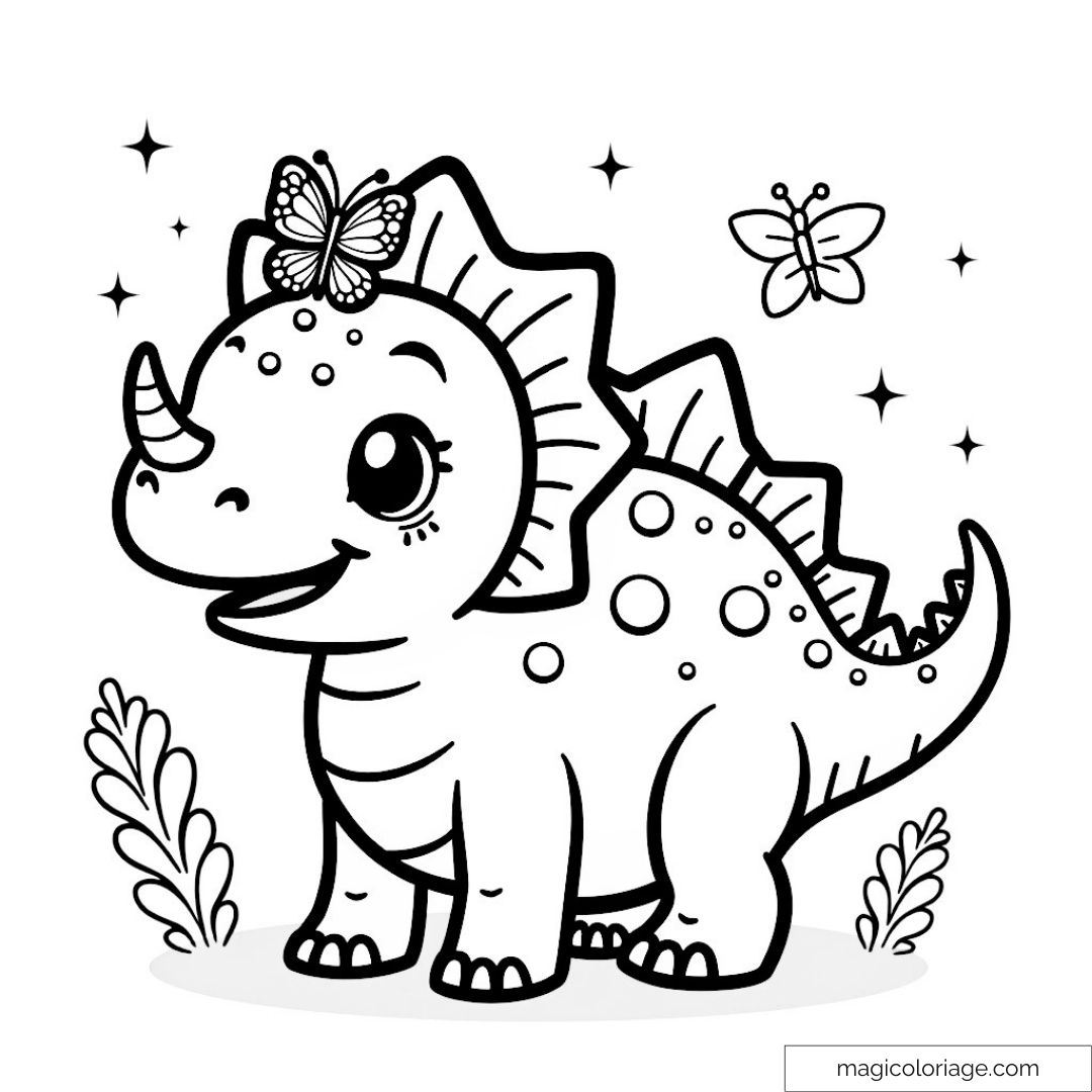 Dinosaure mignon avec papillons et plantes