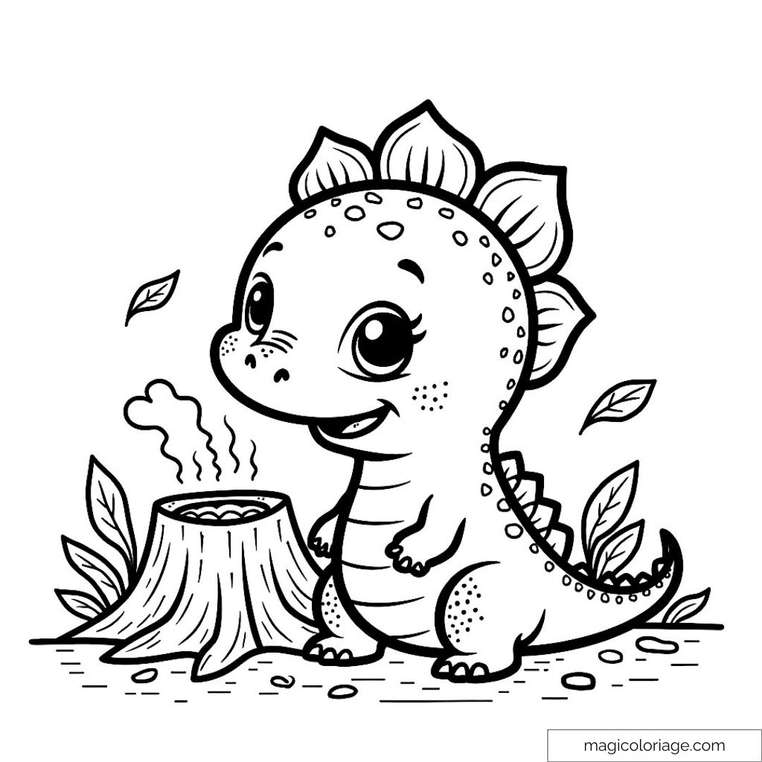 Image d'un petit dinosaure souriant avec des feuilles autour