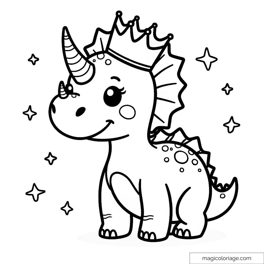 Coloriage d'un dinosaure avec couronne et corne