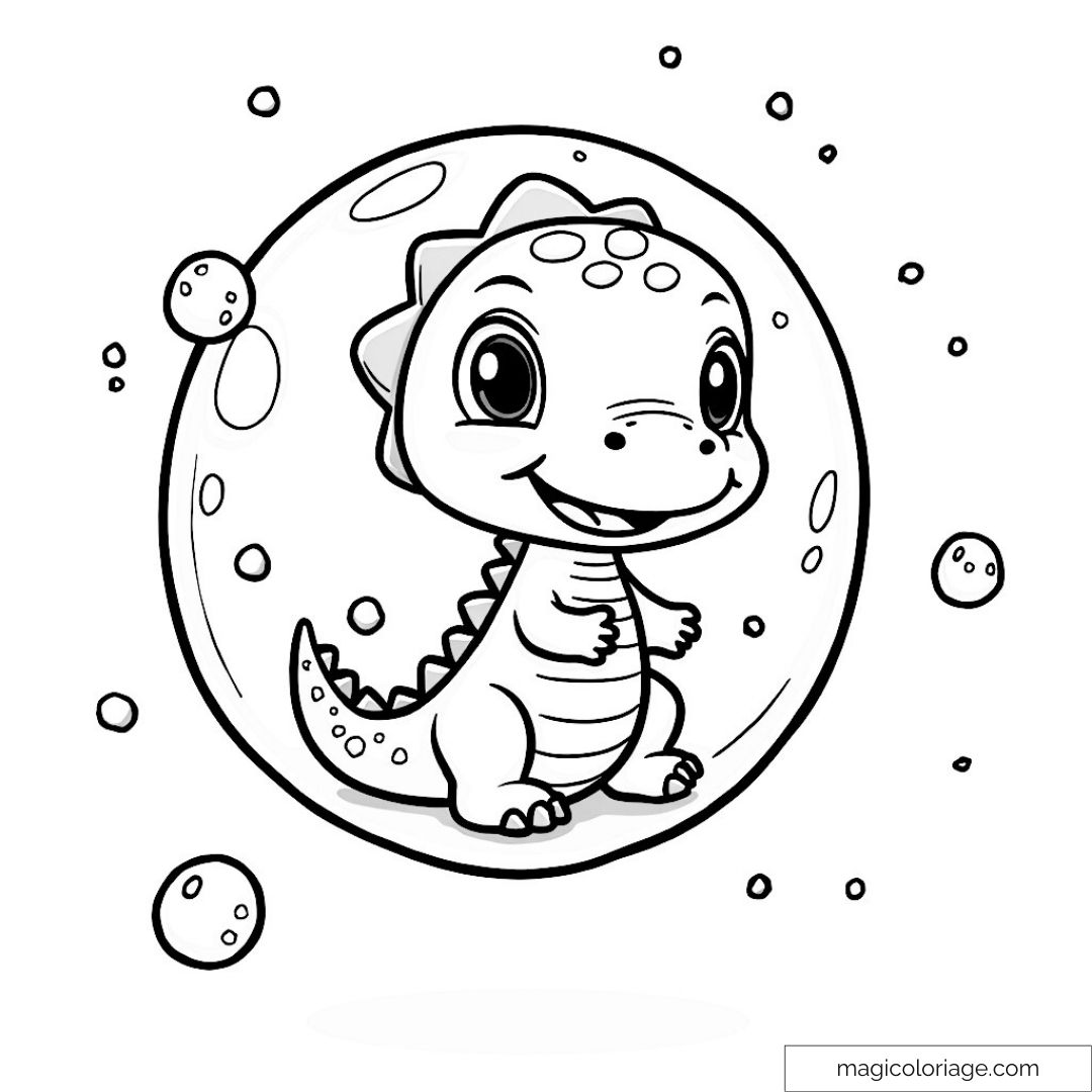 Image d'un dinosaure mignon entouré de bulles à colorier