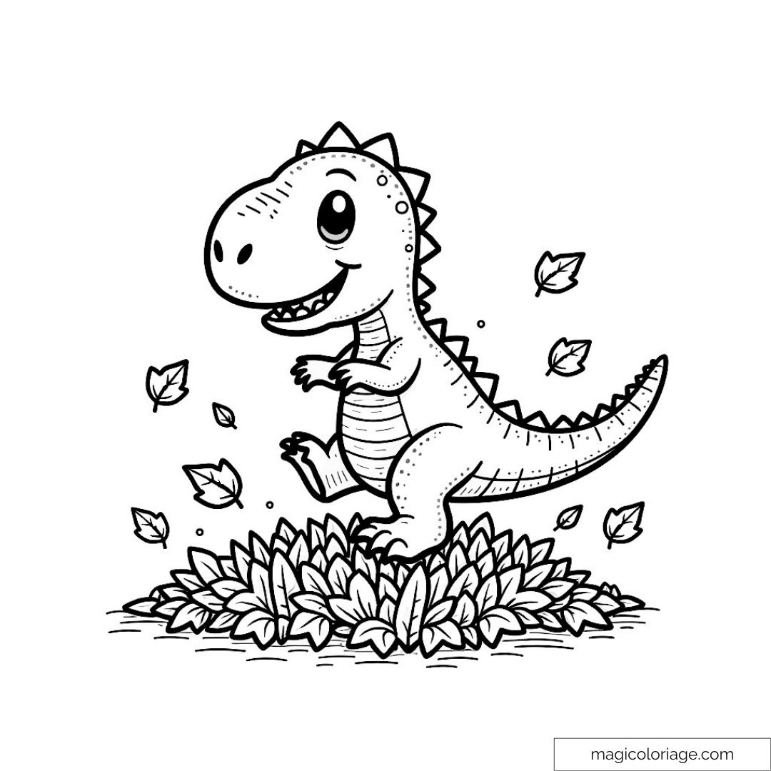 Dinosaure mignon sautant parmi les feuilles