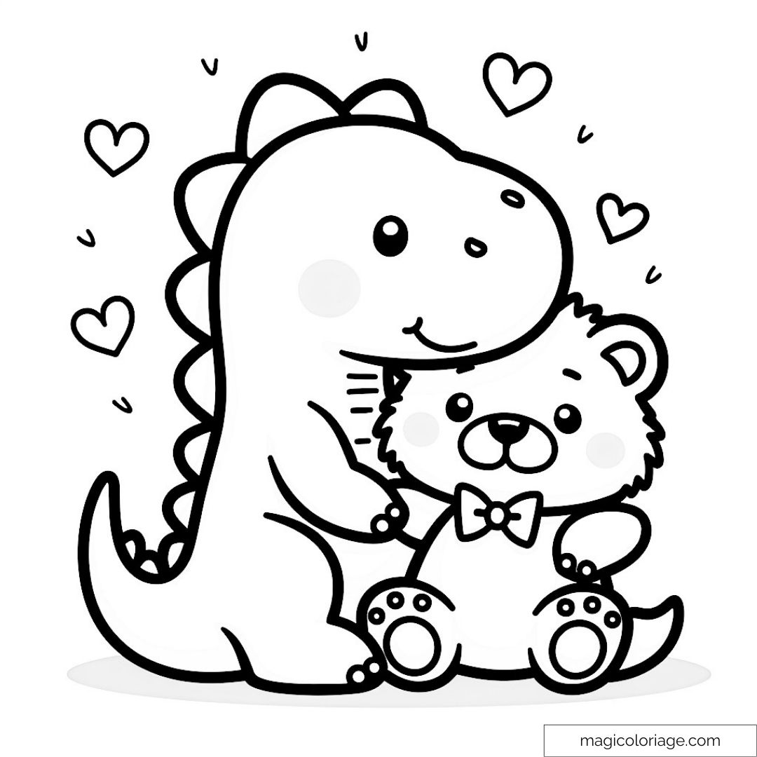 Coloriage dinosaure câlinant un ours avec cœurs.