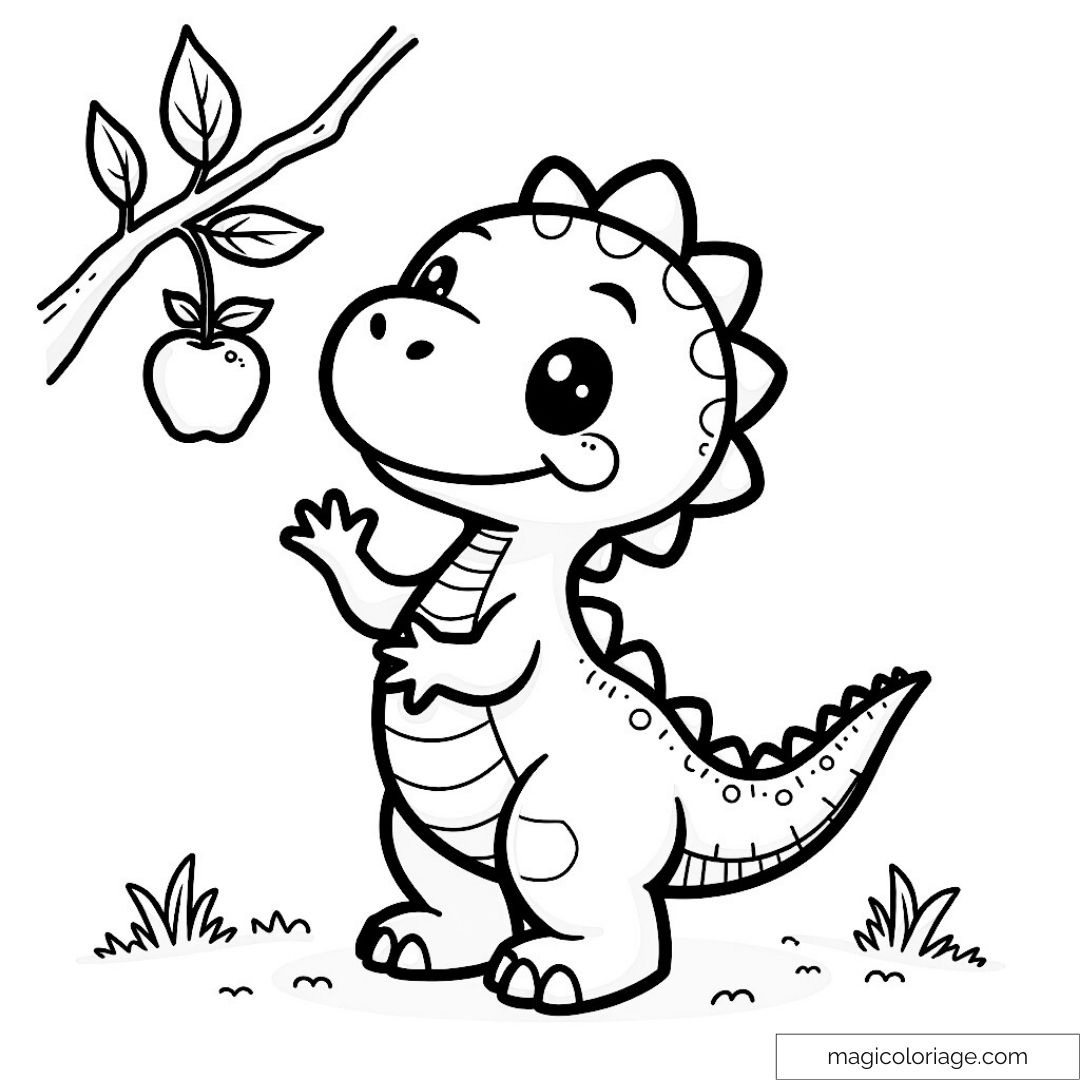 Dessin d'un dinosaure mignon regardant une pomme sur une branche.