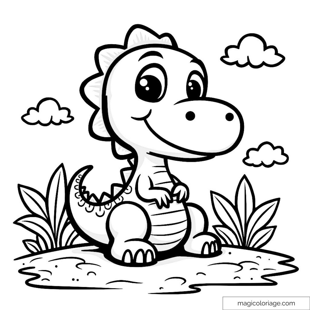 Dessin de dinosaure mignon à colorier avec plantes