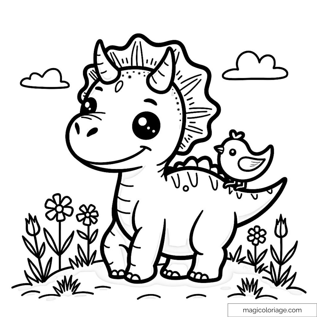 Image de dinosaure souriant avec oiseau et fleurs pour enfants