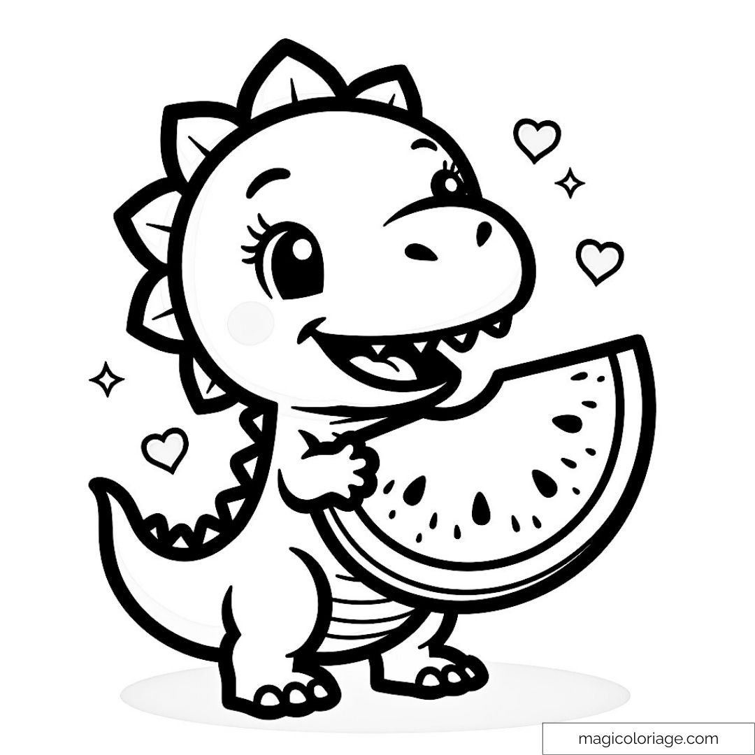 Dessin d'un dinosaure mignon avec tranche de pastèque à colorier.