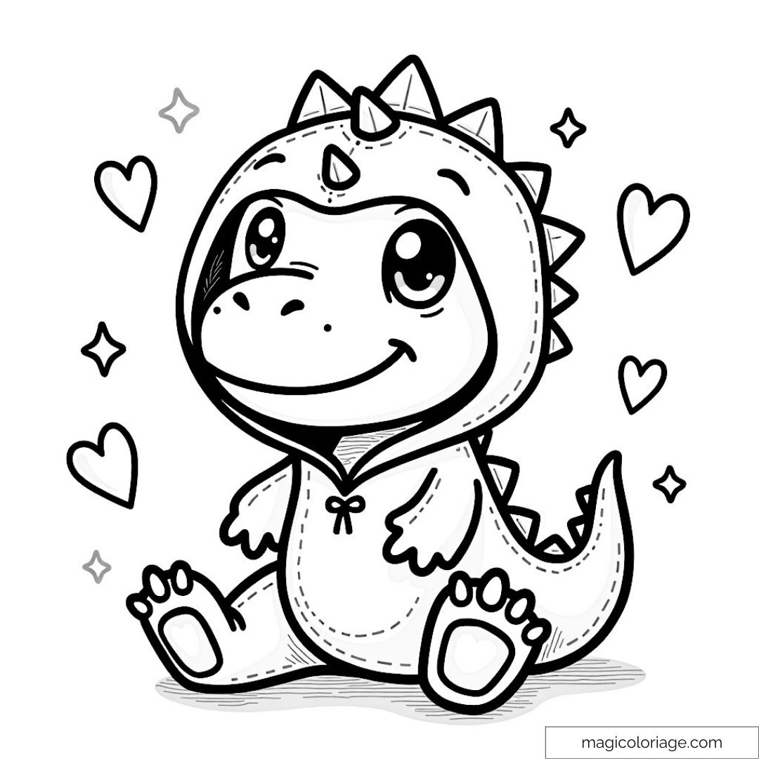 Dessin d'un personnage adorable en costume de dinosaure avec des cœurs autour
