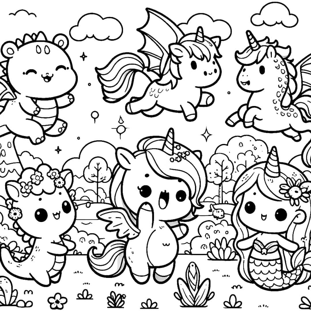 Dessin à colorier d'animaux mignons de style Disney kawaii.
