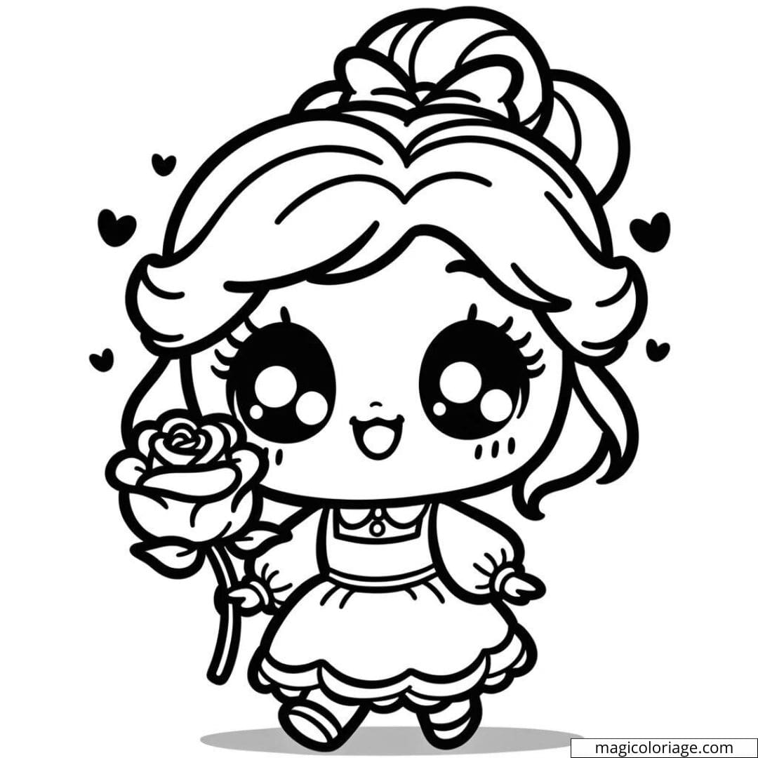 Coloriage de Belle Disney Kawaii avec une rose.