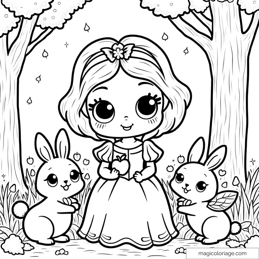 Dessin à colorier de Blanche Neige avec lapins et arbres.