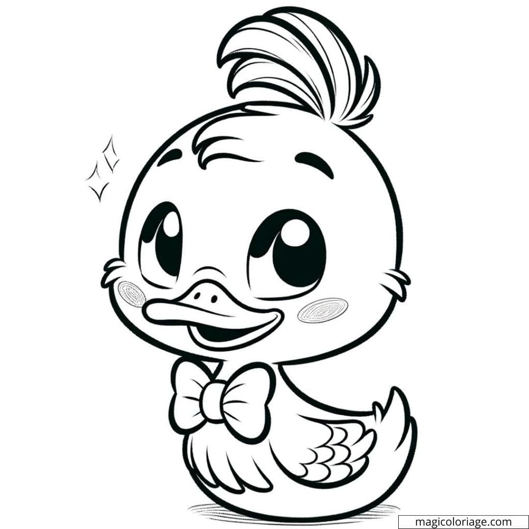 Coloriage de canard Disney Kawaii avec un nœud papillon.