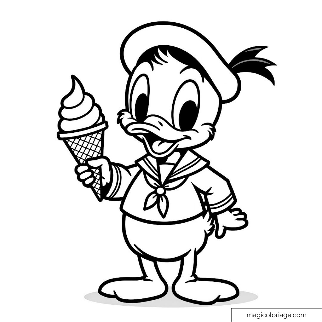 Dessin de Donald Duck tenant une glace à colorier.