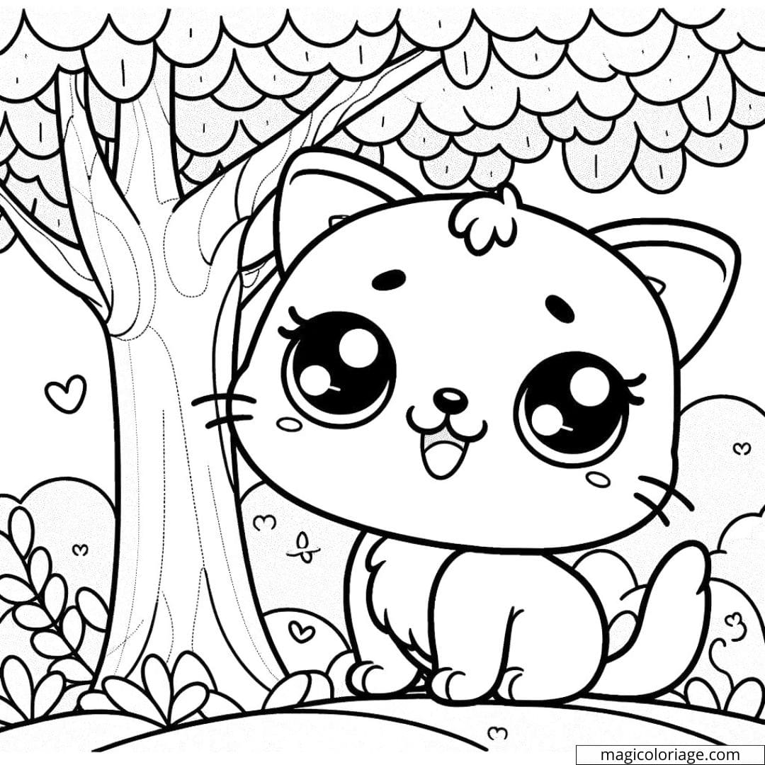 Coloriage de chat Disney Kawaii souriant sur un arbre.