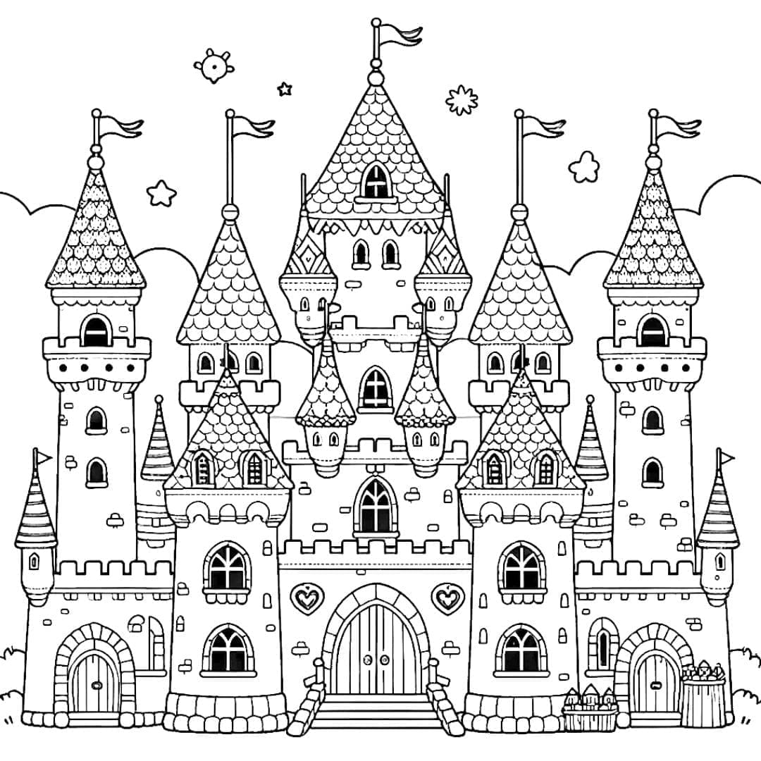Dessin à colorier de châteaux de conte de fées en style kawaii.