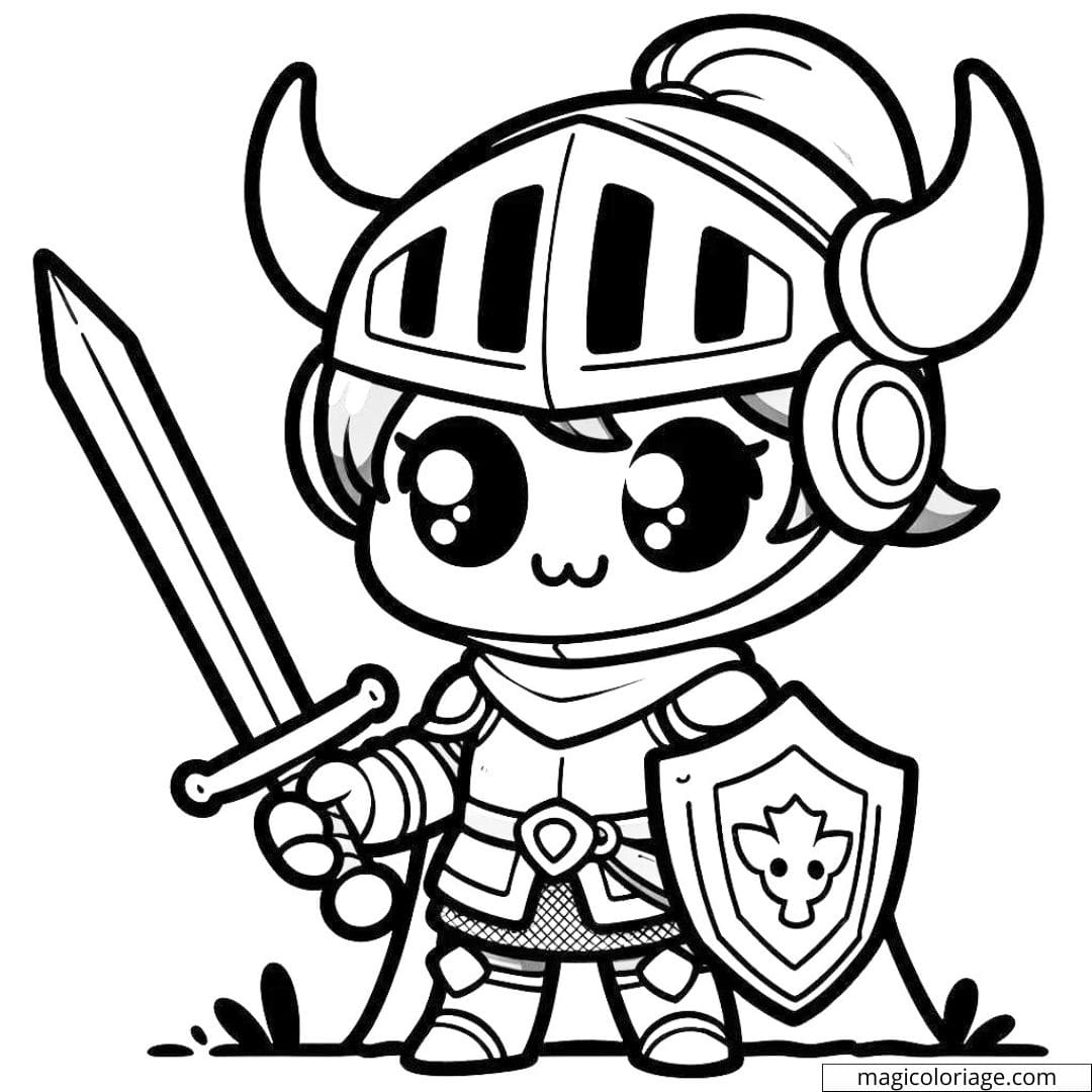 Coloriage de chevalier Disney Kawaii avec une épée.