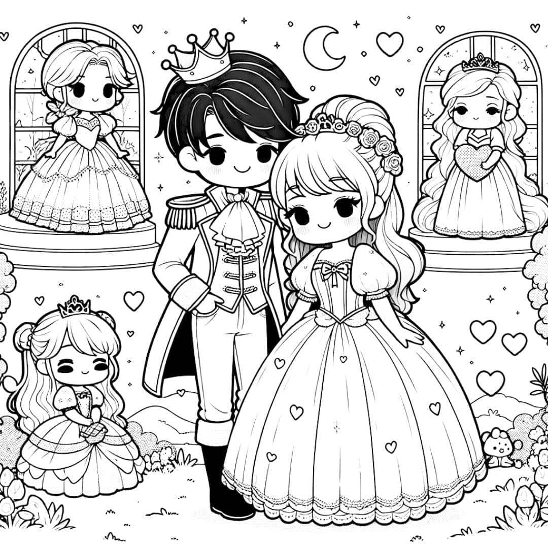 Dessin à colorier de couples de conte de fées en style kawaii.