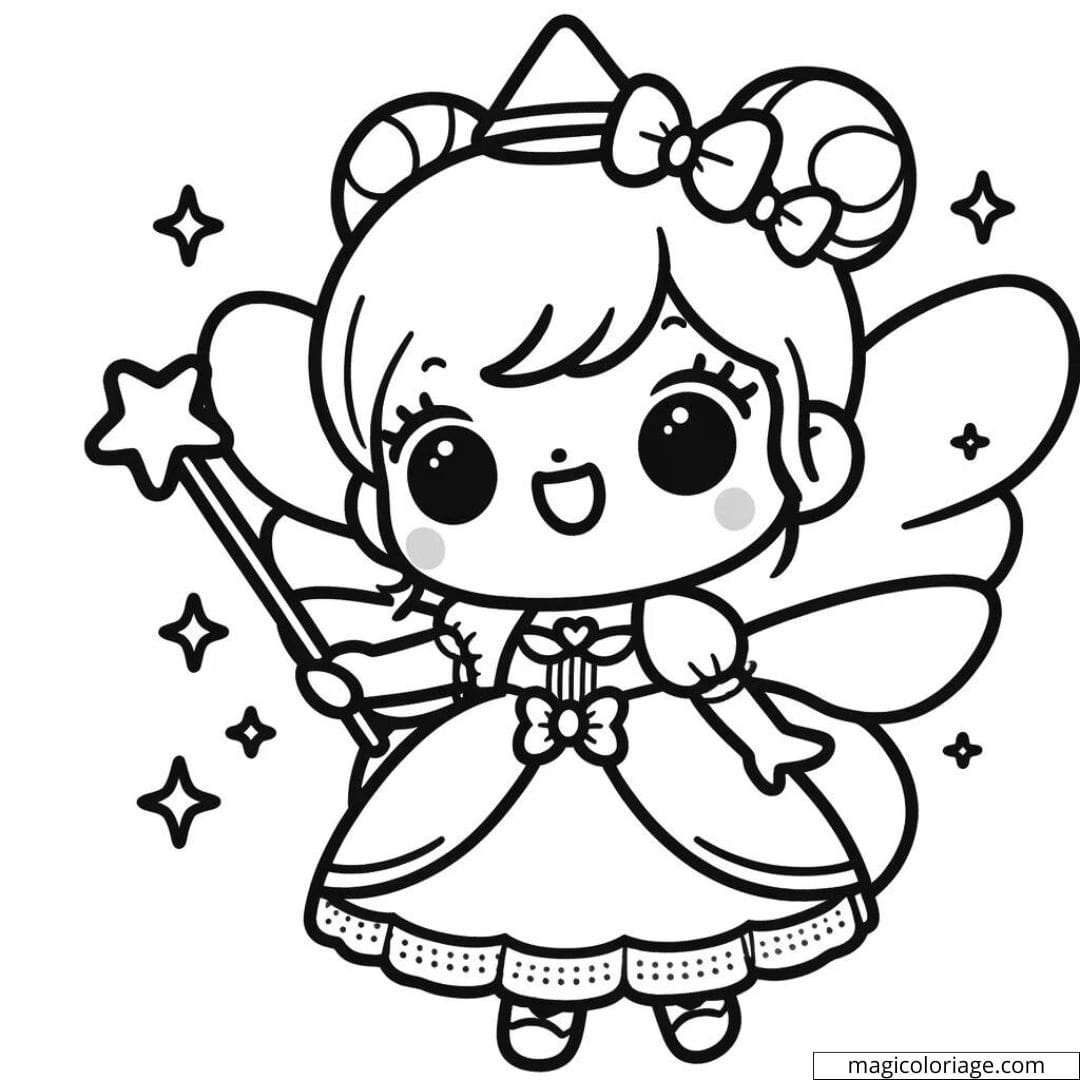 Coloriage de fée marraine Disney Kawaii avec une baguette magique.