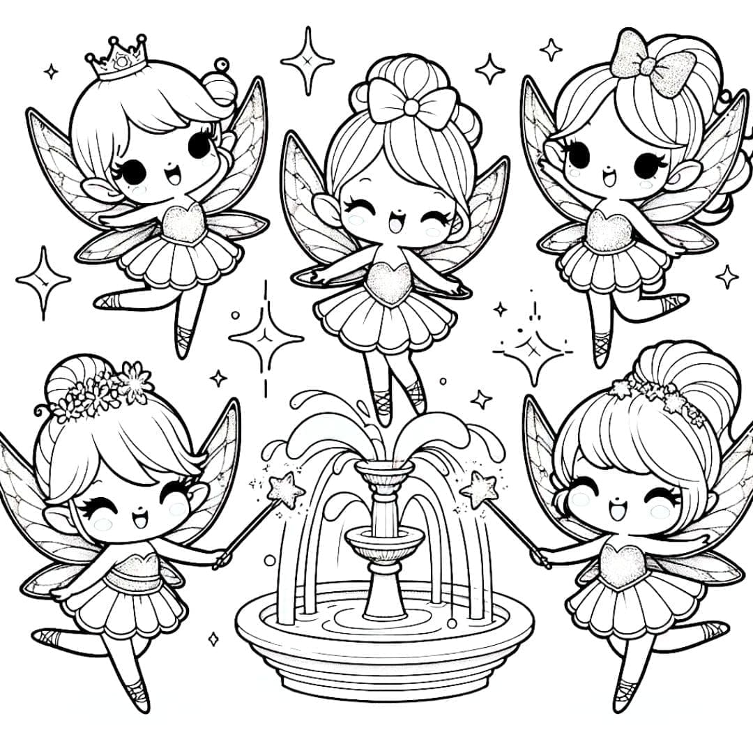 Dessin à colorier de fées de conte de fées en style kawaii.