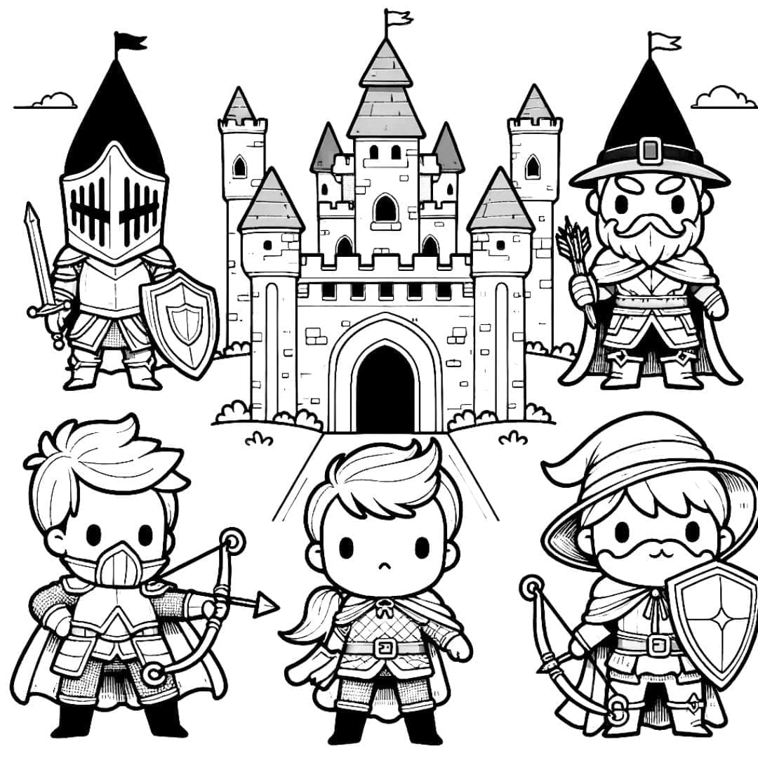 Dessin à colorier de héros de conte de fées en style kawaii.