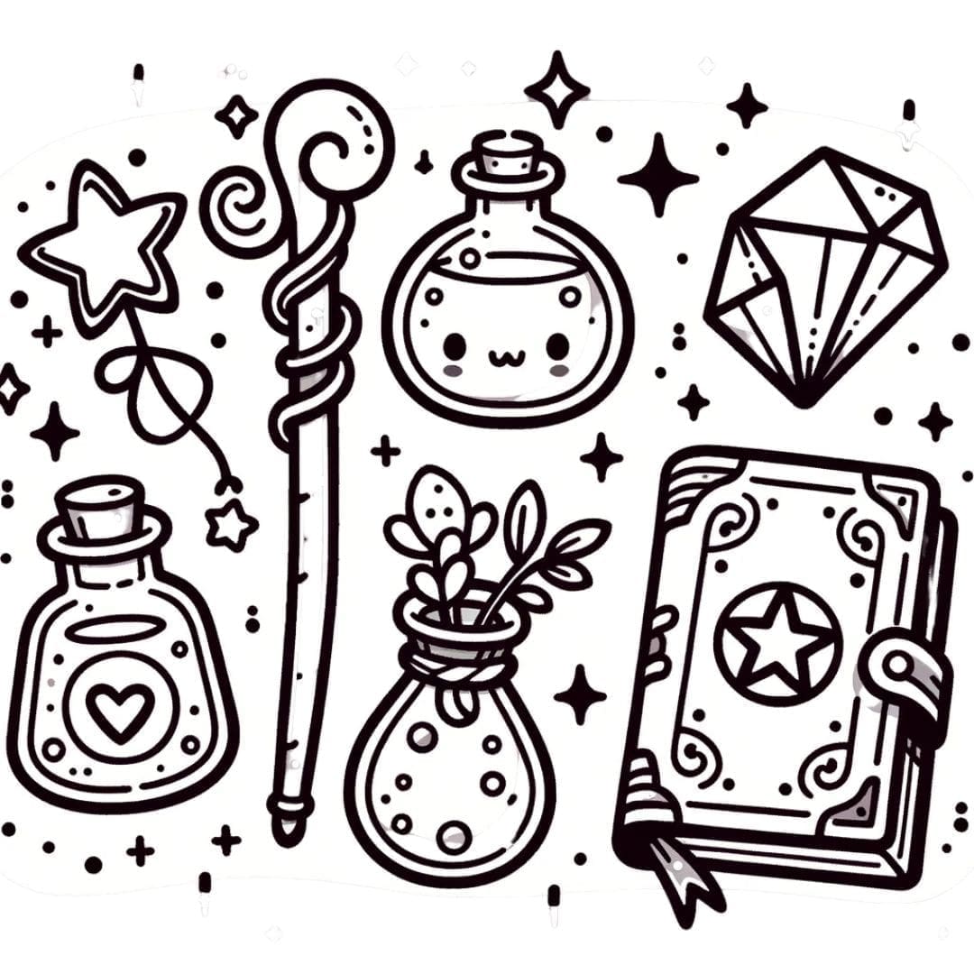 Dessin à colorier d'objets magiques en style kawaii.