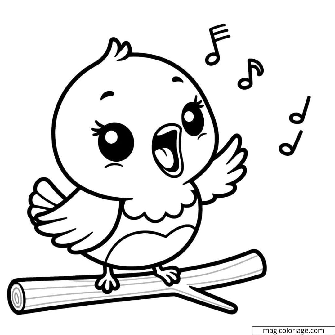 Coloriage d'oiseau Disney Kawaii chantant sur une branche.