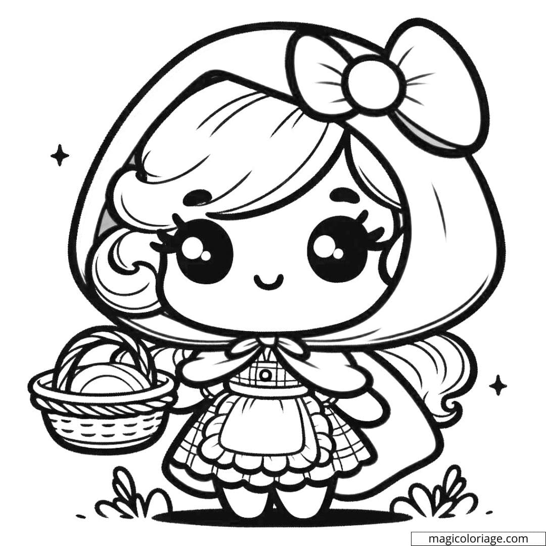 Coloriage de petit chaperon rouge Disney Kawaii avec un panier.